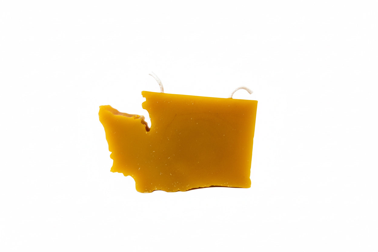 Beeswax candle shaped like the state of Washington on a white background