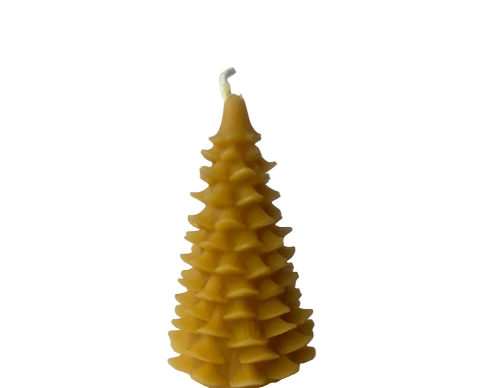 Evergreen tree shaped candle made of beeswax on a white background